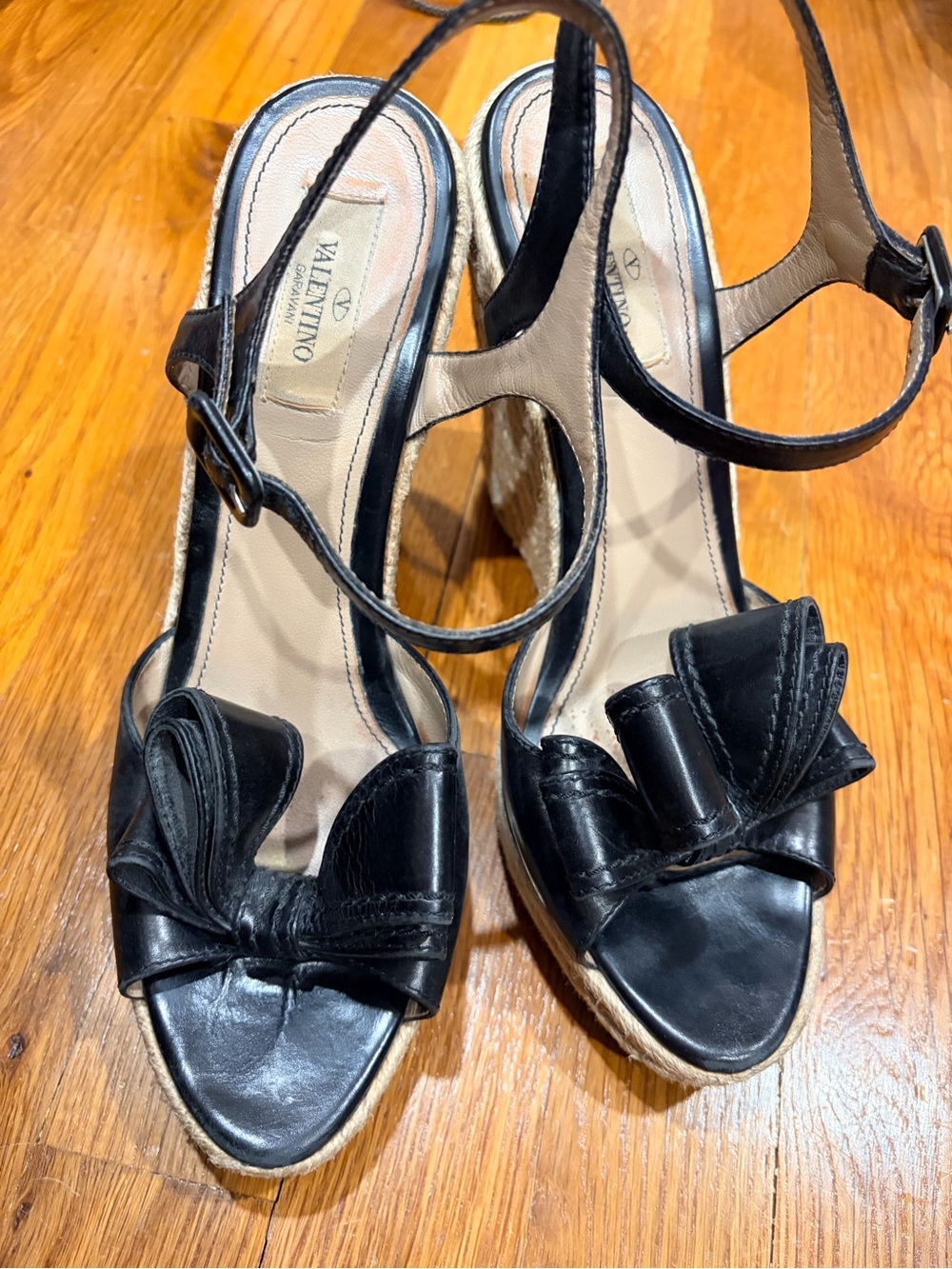 Valentino Black Leather Bow Espadrille Wedge Sandals with Ankle Strap size 39